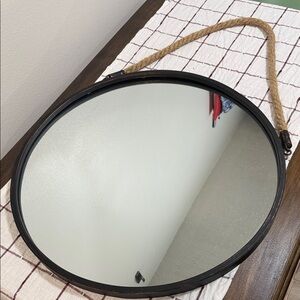 Round Black Wall Mirror with Rope Hanger